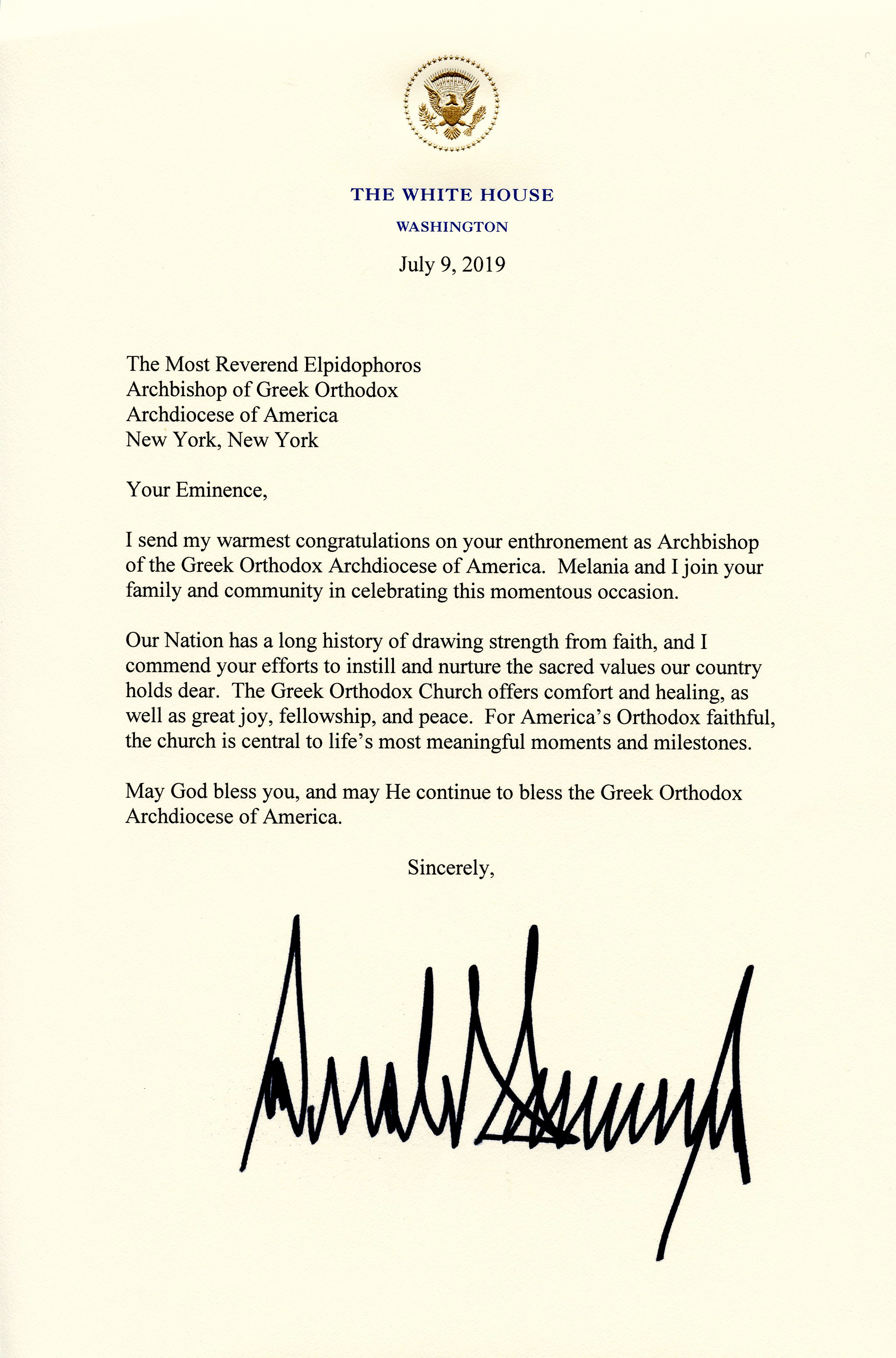 President Trump Sends Congratulatory Letter to Archbishop