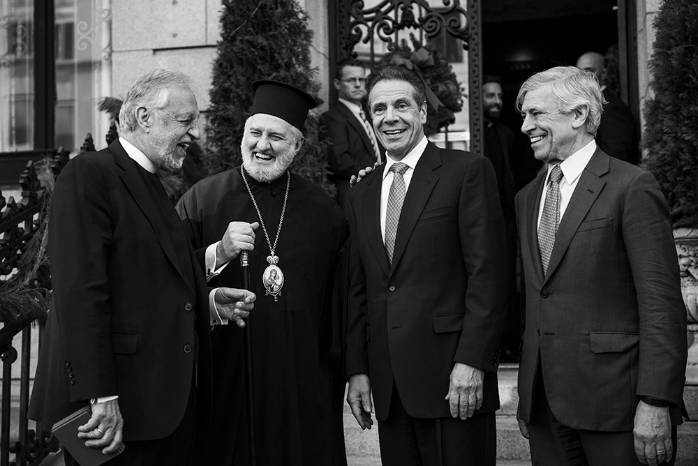 Archbishop Elpidophoros, Governor Cuomo, Fr. Alex Karloutsos, and Rick Cotton enjoy a moment of levity after announcing the recommencement of construction of St. Nicholas